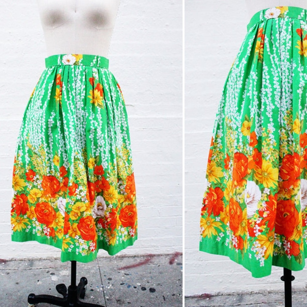 Vtg 60's Green Floral High Waist Circle Skirt